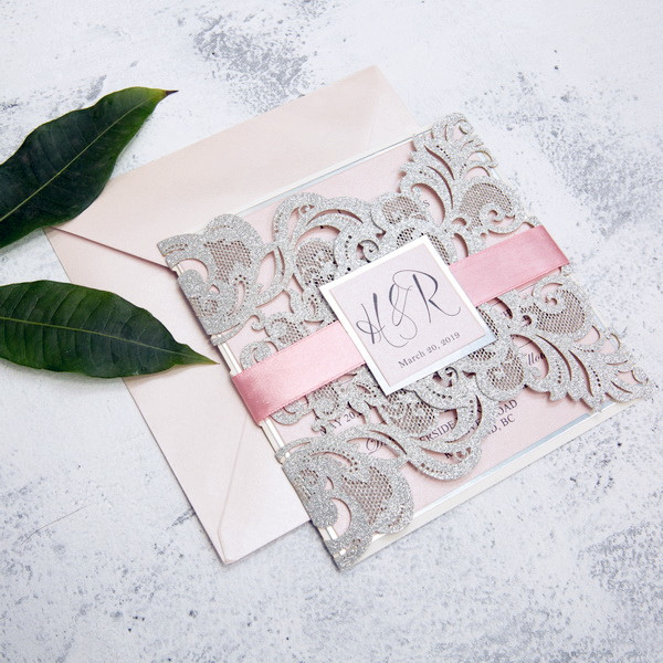 Silber&Pink Glaenzende Lasercut Hochzeitseinladung GLK004