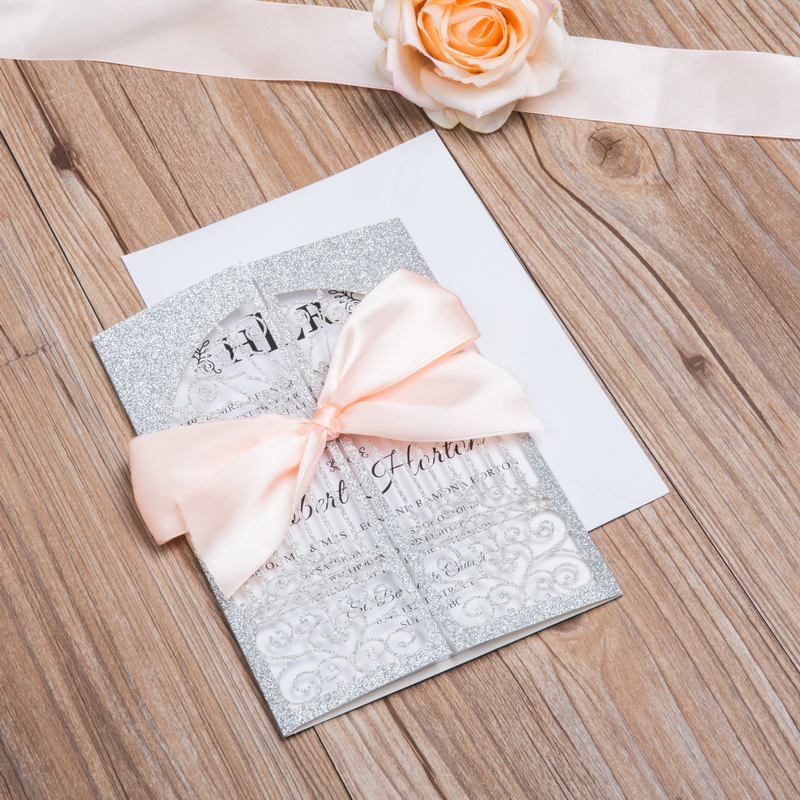 Klassiche Glitter Silber Hochzeitskarte mit peach Schleife GLK019