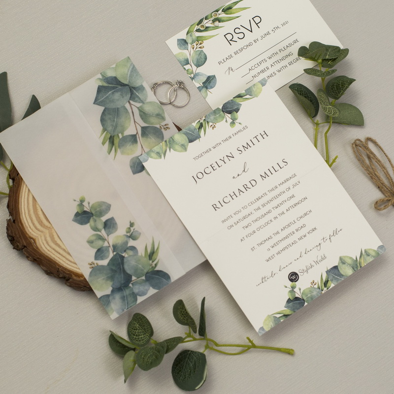 Grüne Eukalyptusblätter Transparente Hülle Hochzeitseinladung KPF004