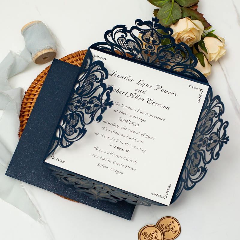 Navy Blau Einladungskarte Hochzeit mit Blumenmuster KPL112