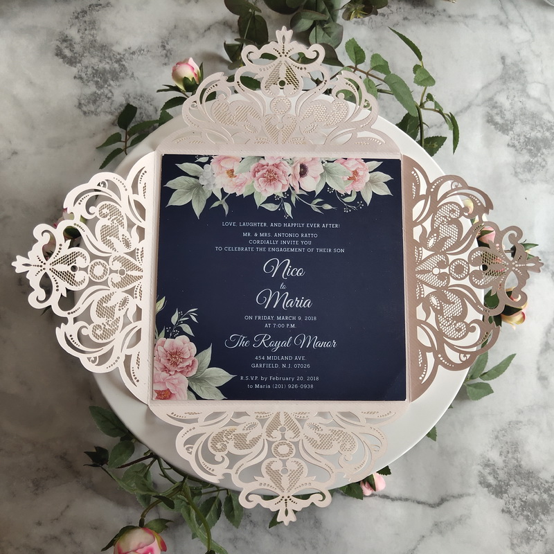 Romantische Navy und Blush Pink Einladungskarte Hochzeit mit Blumenmustern KPL113