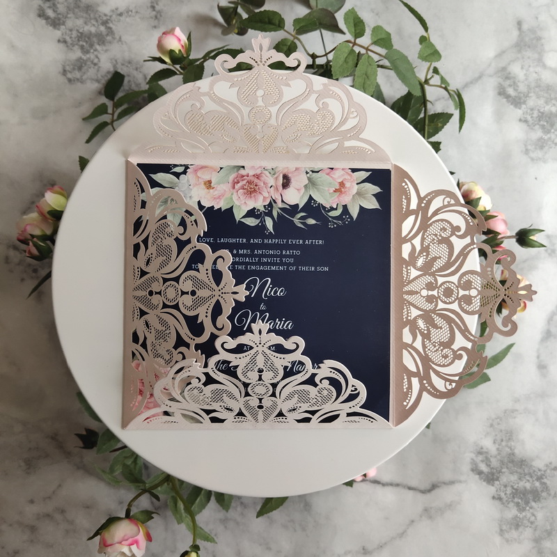 Romantische Navy und Blush Pink Einladungskarte Hochzeit mit Blumenmustern KPL113