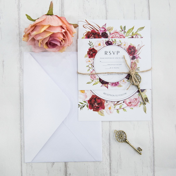 florale flache Hochzeitskarte mit Schluessel KPL322