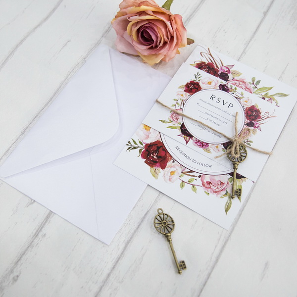 florale flache Hochzeitskarte mit Schluessel KPL322