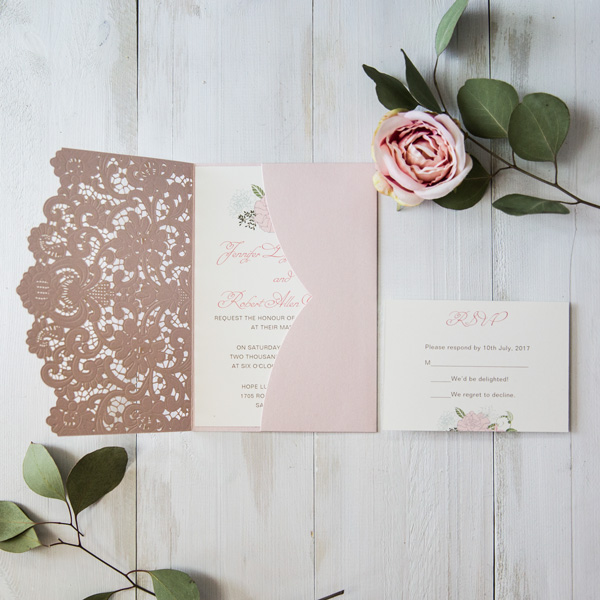 Blush Pink Blindpraegung Pocket Hochzeitskarten KPL336