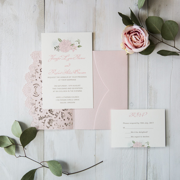 Blush Pink Blindpraegung Pocket Hochzeitskarten KPL336