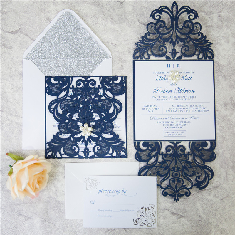 Marineblaue Lasercut Hochzeit Einladung KPL338