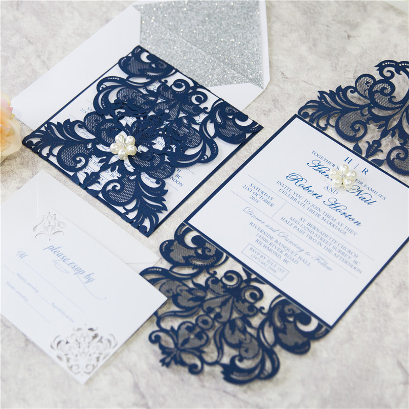 Marineblaue Lasercut Hochzeit Einladung KPL338