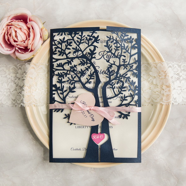 Elegante Baum Navy & Pink Herz Hochzeitskarte KPL347