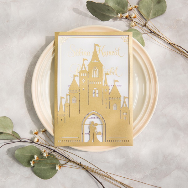 Gold Schloss Lasercut Hochzeitseinladung KPL354