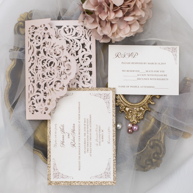 Rosa Shimmer & Glitzer Rosegold Hochzeitskarte Lasercut KPL371