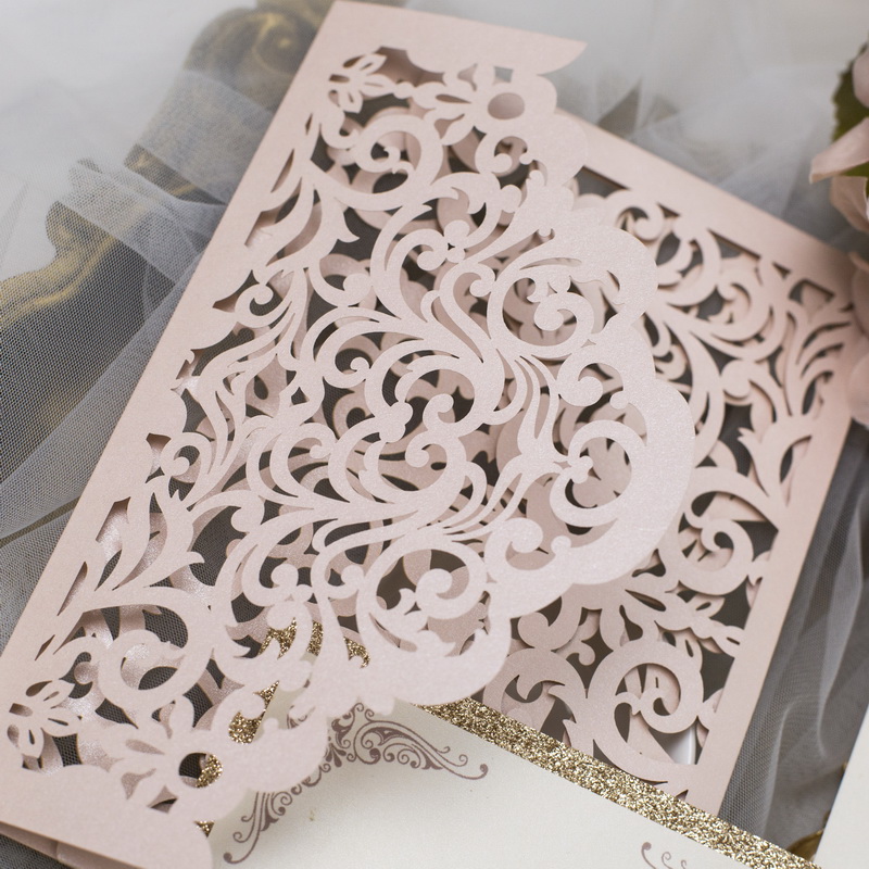 Rosa Shimmer & Glitzer Rosegold Hochzeitskarte Lasercut KPL371