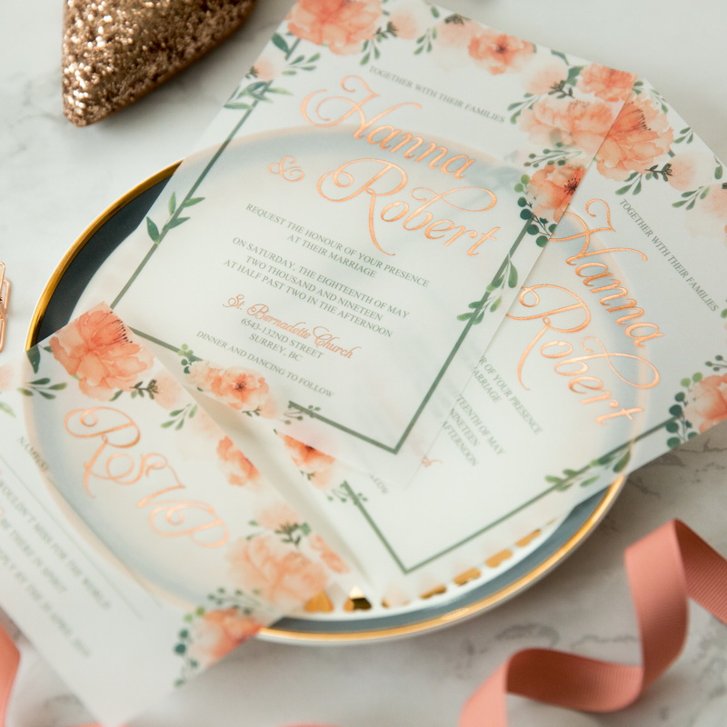 Florale Hochzeitseinladungen mit Rosegold Folien Praegung KPL378