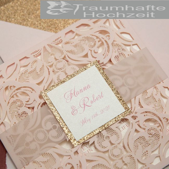 Stylish Blush&Glitter Lasercut  Hochzeitskarten mit  Transparenter Banderole KPL383