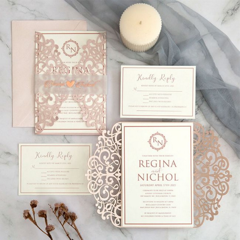 modern chic blush Hochzeitseinladungen mit Rosegold Folien Banderole KPL385