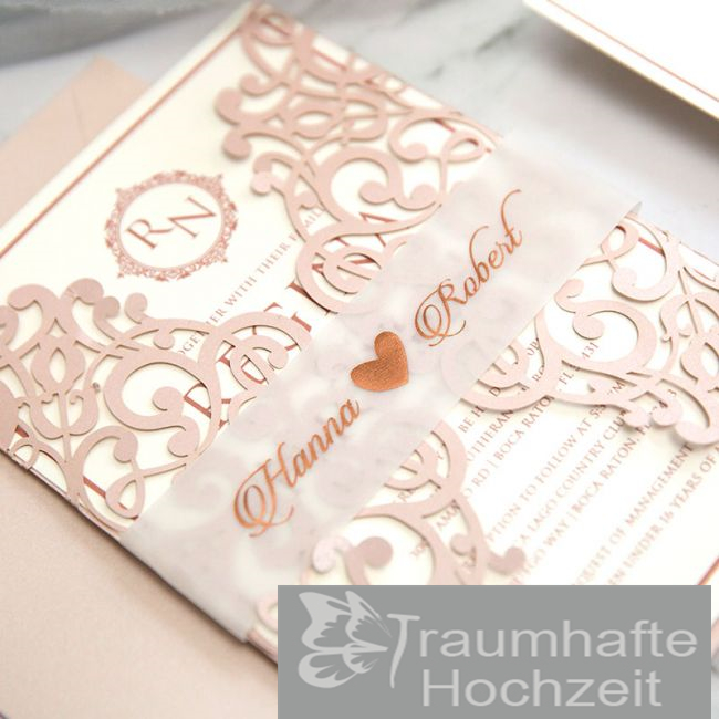 modern chic blush Hochzeitseinladungen mit Rosegold Folien Banderole KPL385