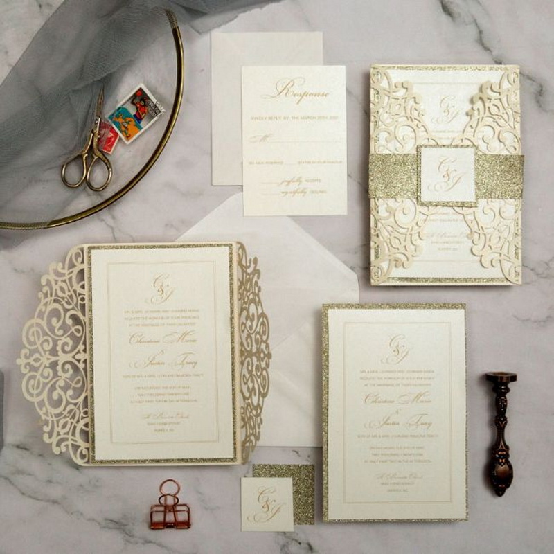 chic und modern lasercut Hochzeitskarten mit Glitter Gold Banderole KPL387