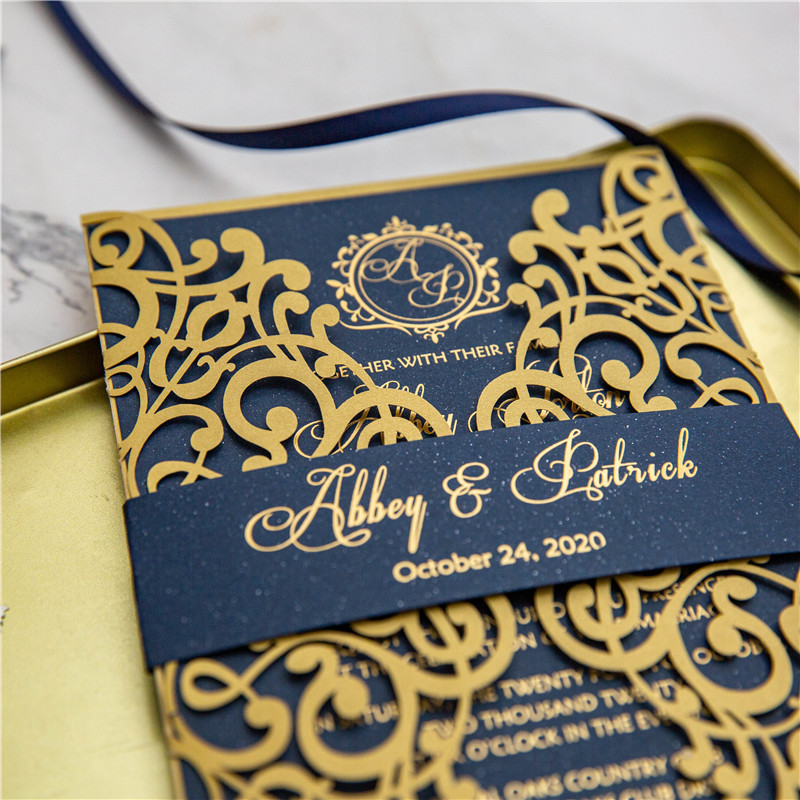 Luxuriöse Navy&Gold Hochzeitseinladung  mit Foliendruck KPL390