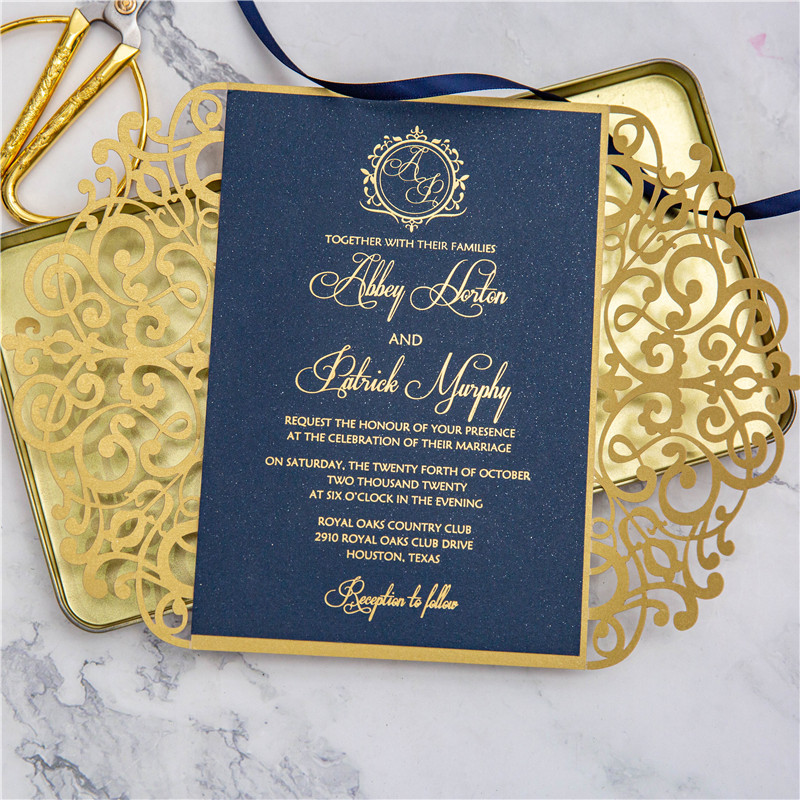 Luxuriöse Navy&Gold Hochzeitseinladung  mit Foliendruck KPL390