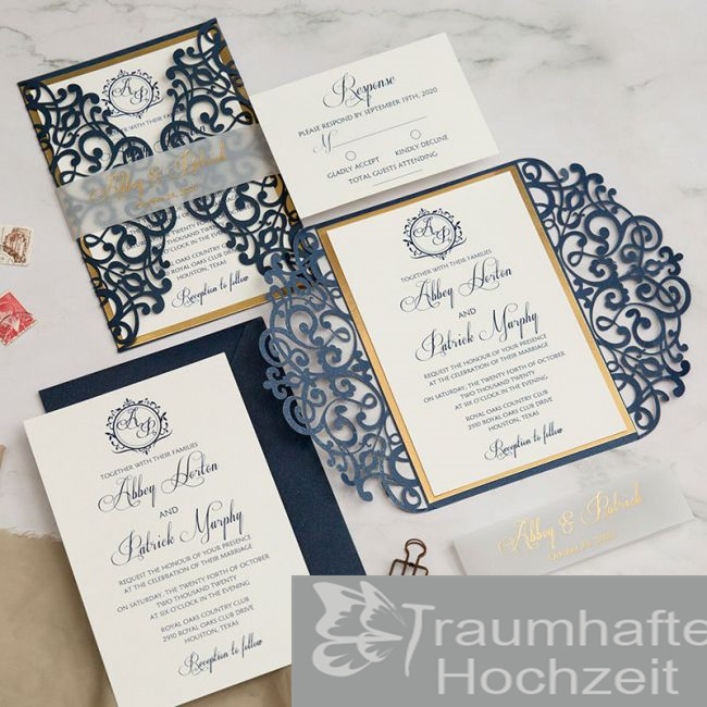 Klassisch Navyblau Lasercut Hochzeitseinladungen mit Gold Folien Banderole KPL391