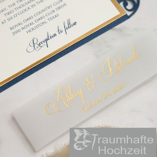 Klassisch Navyblau Lasercut Hochzeitseinladungen mit Gold Folien Banderole KPL391