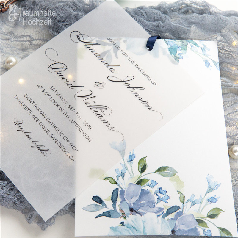Blau Florals Kartenfächer mit Transparentpapier Hochzeitseinladungen KPV005
