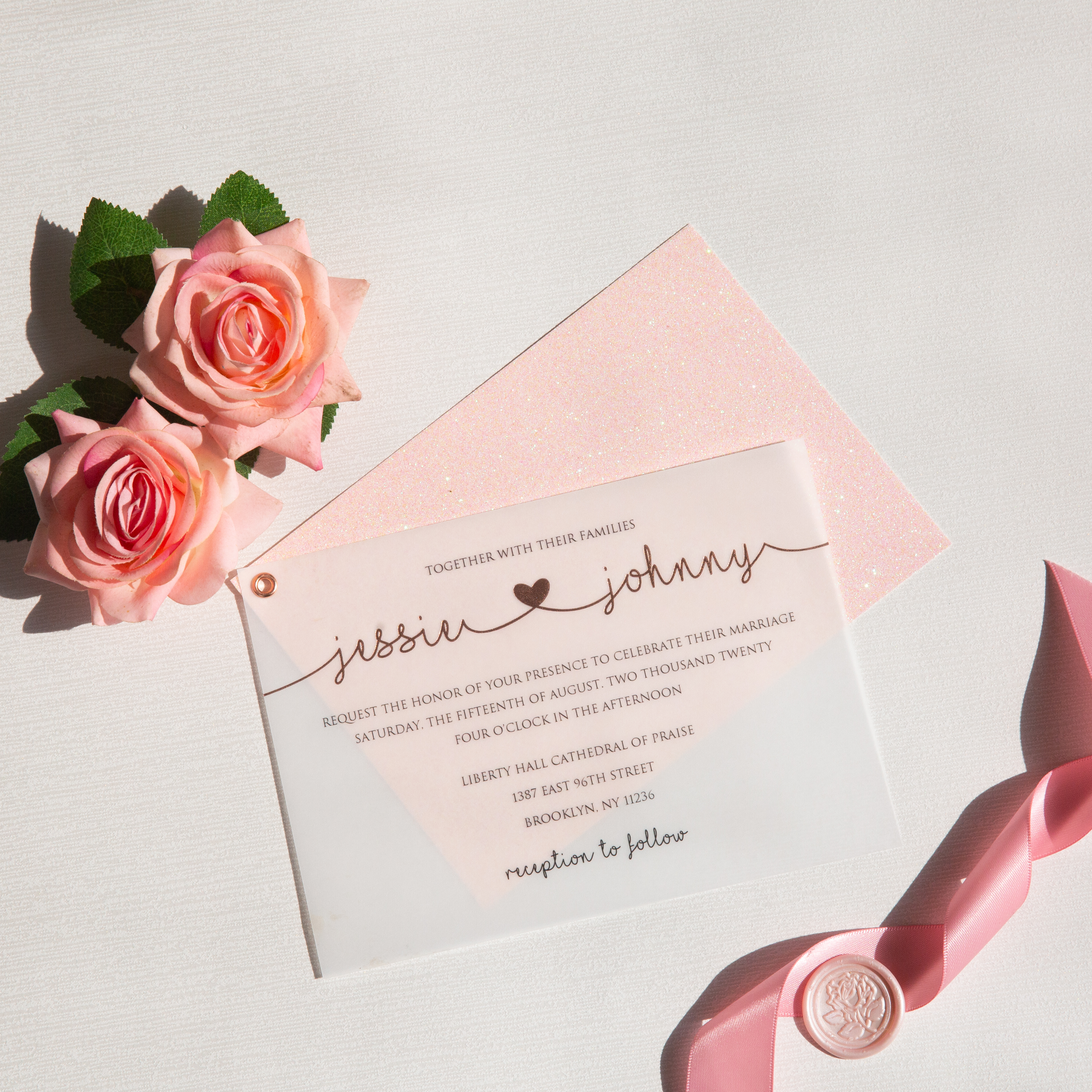 romantische glitter blush Transparente Hochzeitseinladung KPV006