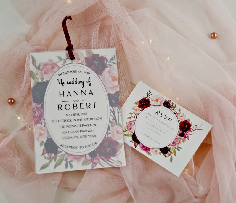 Weinrot Floral Kartenfächer mit Transparentpapier Hochzeitseinladungen KPV008