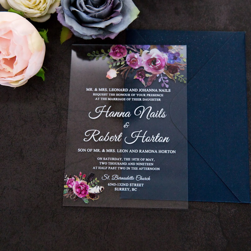 lila florale UV-Druck Acrylglass Hochzeitskarten TAC005