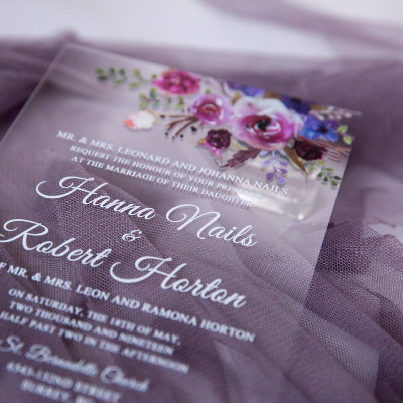 lila florale UV-Druck Acrylglass Hochzeitskarten TAC005