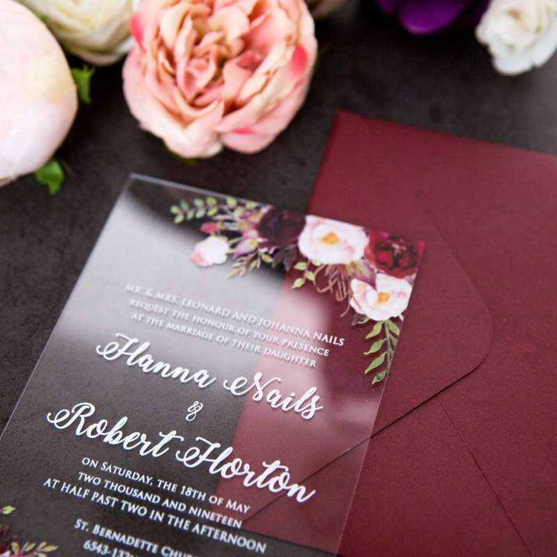 elegante florale Weinrot Acrylglas Hochzeitskarten TAC006