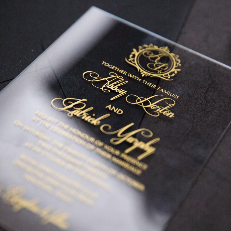 Siebdruck Goldene Acryl Einladungskarten zur Hochzeit TAC008