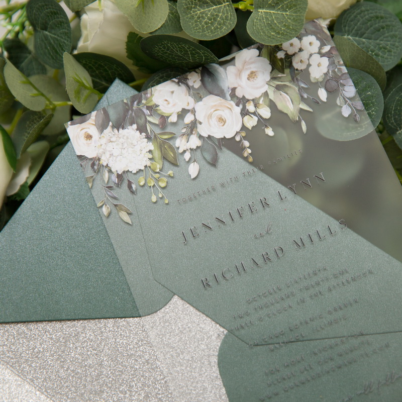 Elegante Weiß Rose florale klare Acryl Hochzeitseinladungen TAC024