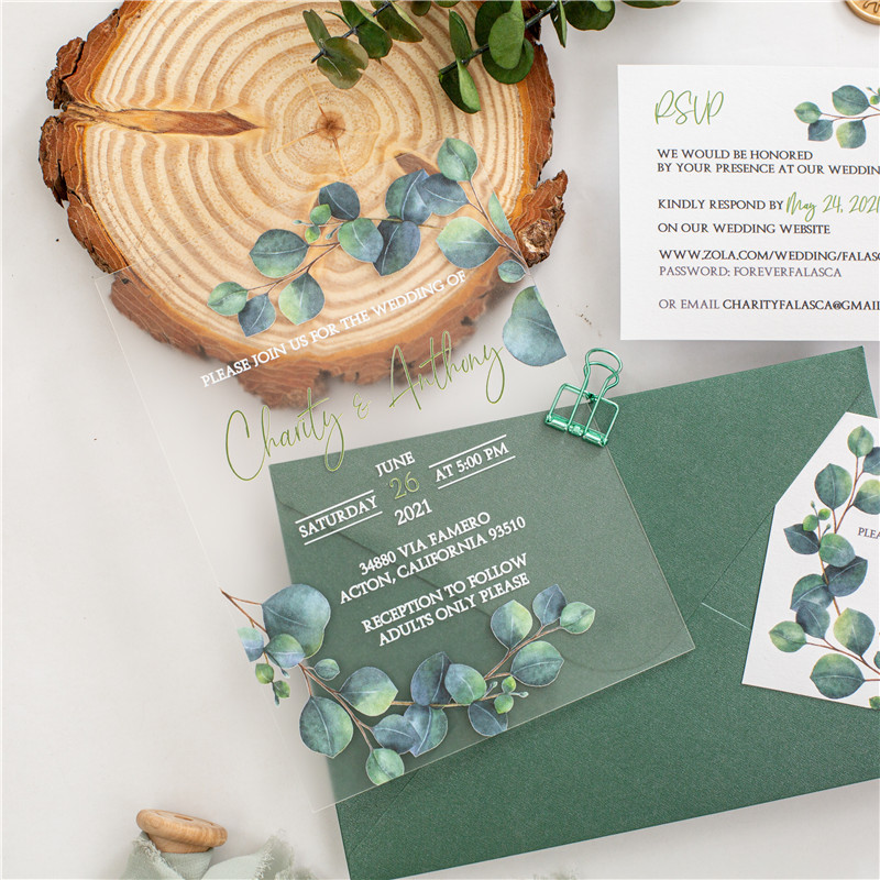 Grüne Eukalyptus klare Acryl Hochzeitseinladungen TAC027