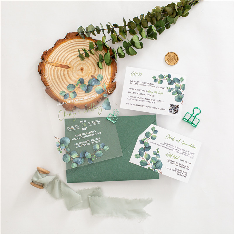 Grüne Eukalyptus klare Acryl Hochzeitseinladungen TAC027