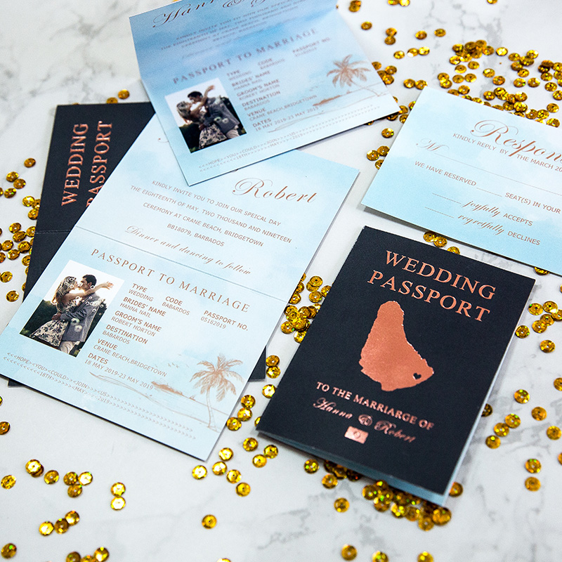 Passport Einladungen zur Hochzeit Rosegold Folienpraegung TFL018