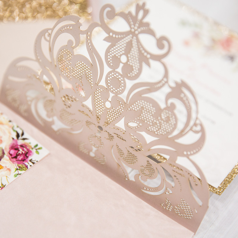 Blush Pink romantische Blumen Trifold Hochzeitskarte Glitzer Rosegold TPI024