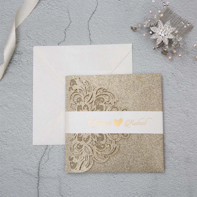 Lasercut Glitzer Gold Pocket Hochzeit Einladungskarten Luxurioes Goldfolien TPI033