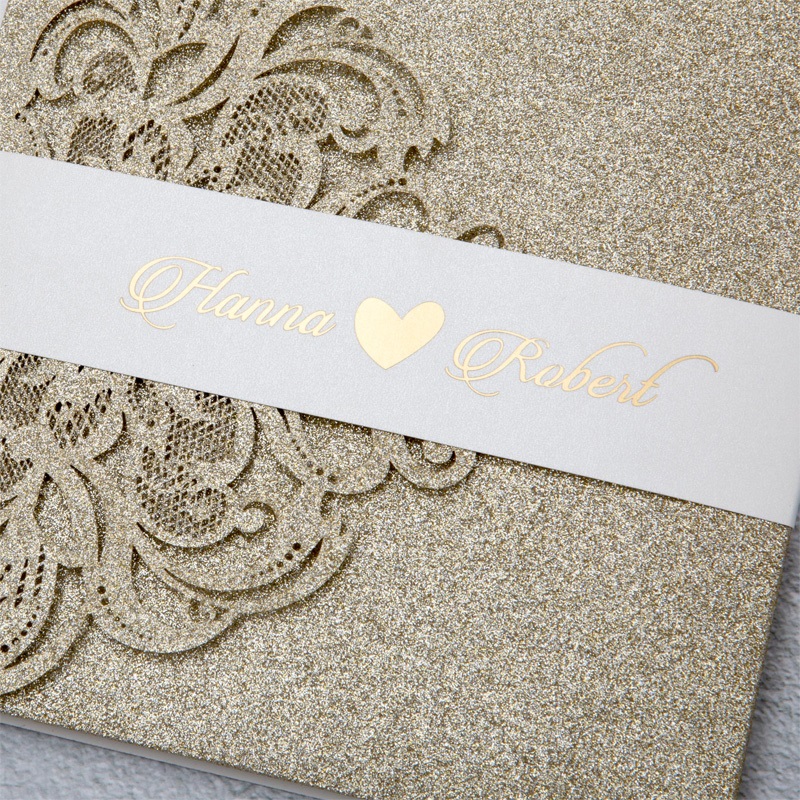 Lasercut Glitzer Gold Pocket Hochzeit Einladungskarten Luxurioes Goldfolien TPI033