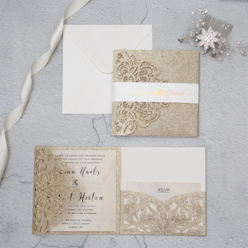 Lasercut Glitzer Gold Pocket Hochzeit Einladungskarten Luxurioes