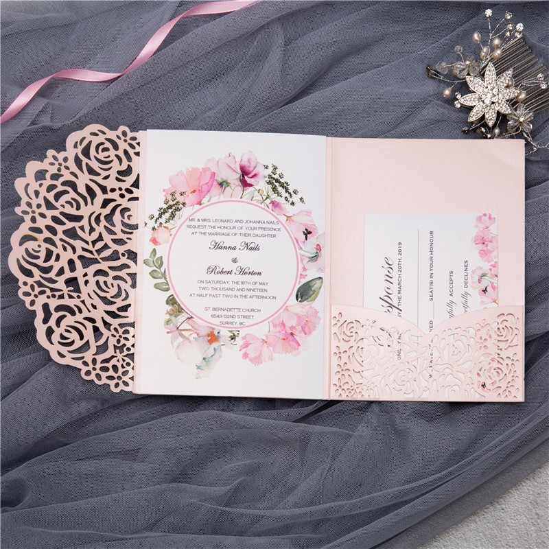 Rosa Pocketfold Hochzeitskarten mit Banderole TPI034