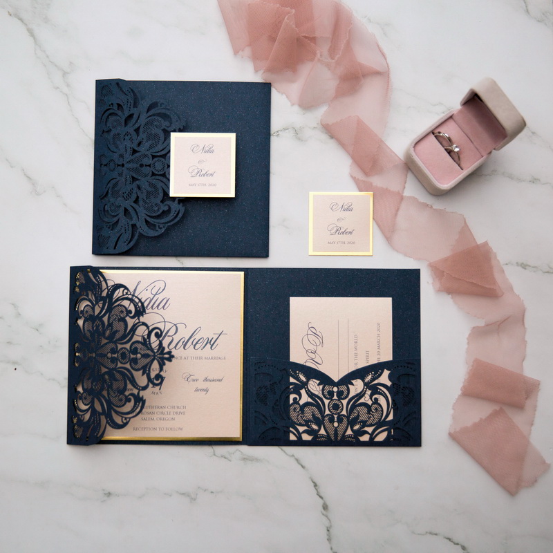 Navy & Gold Pocketfold Einladungen Hochzeit TPI036