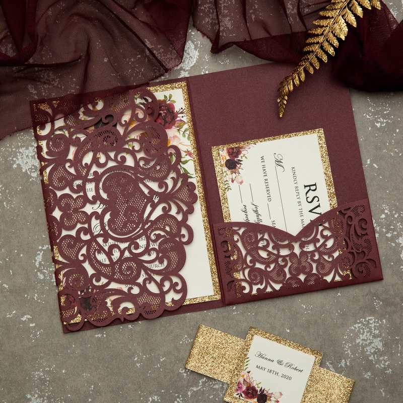 Burgundy Weinrot Gold Pocketfold Einladungen Hochzeit TPI037