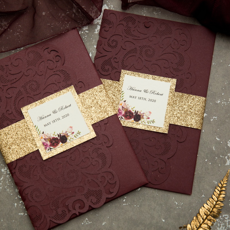 Burgundy Weinrot Gold Pocketfold Einladungen Hochzeit TPI037