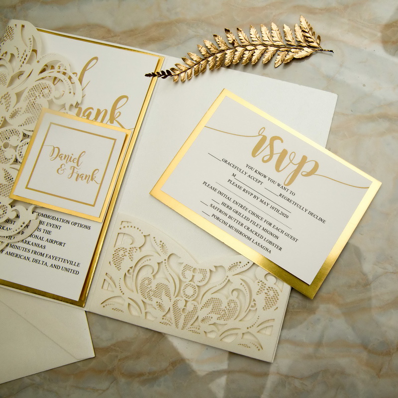Elfenbein & Gold Pocketfold Einladungen Hochzeit TPI038