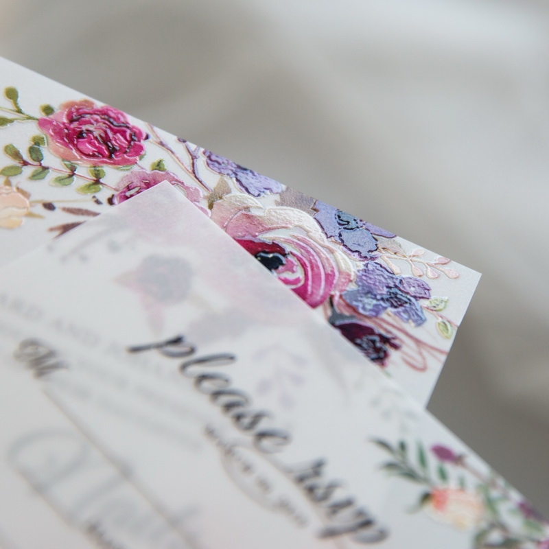 Blumen Lila UV Druck auf Transparentem Papier Hochzeitskarten TUV005