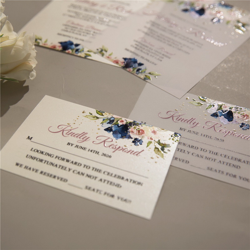 Blumen Navy Blau & Pink UV Druck Hochzeitskarten TUV006