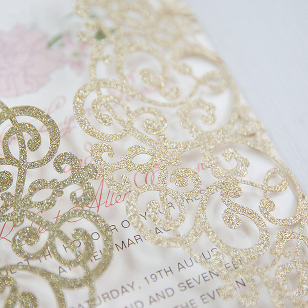 elegante Champagner Glitter Hochzeitskarte mit Laserschnitt GLK009