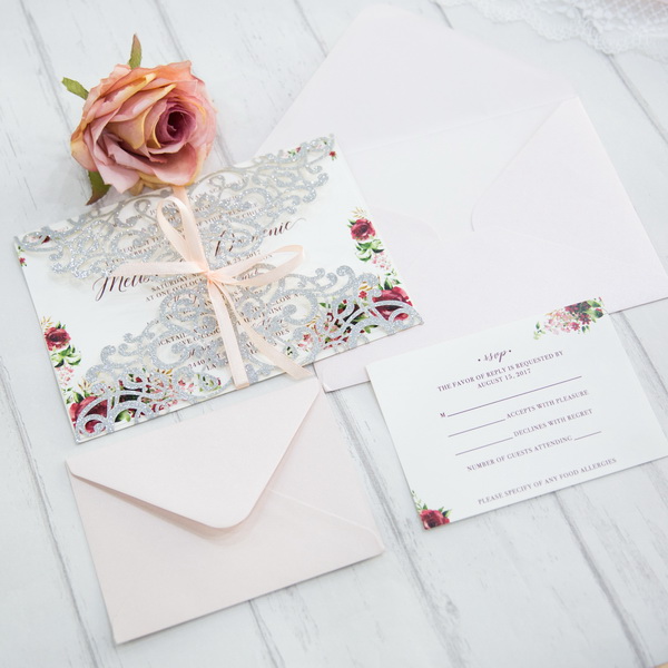 Elegante Glitter Silber Hochzeitskarte Blumen GLK017