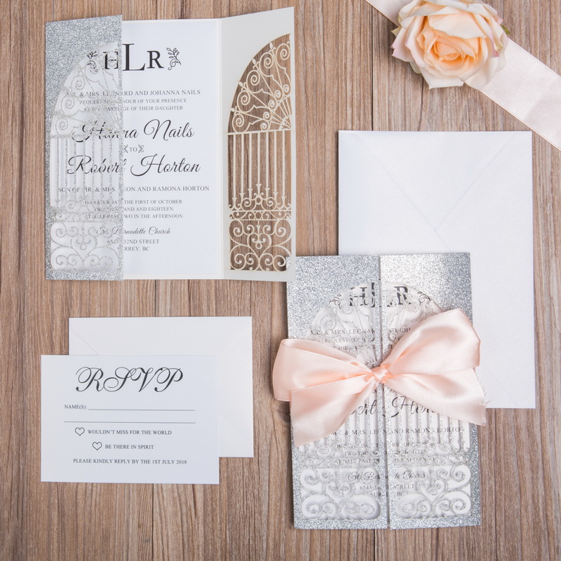 Klassiche Glitter Silber Hochzeitskarte mit peach Schleife GLK019